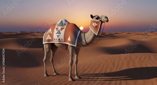 Dromedary camel, desert landscape, sunset, dromedary in desert, camel with saddle