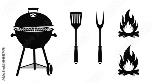 Barbecue grill tools and flames in a striking black silhouette