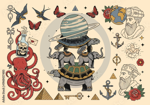 Vintage Traditional Tattoo Style Illustration of World Turtle Mythology with Nautical and Esoteric Symbols, Elephants, Saturn, and Octopus