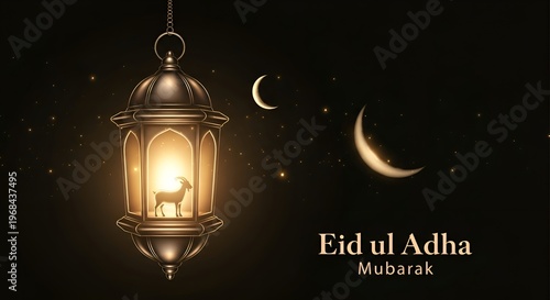 Eid ul Adha Mubarak, Islamic lantern, glowing light, crescent moon, night sky