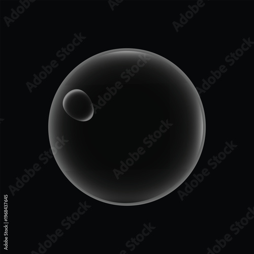 Realistic three dimensional transparent glass sphere bubble with light reflections isolated on a solid black background
