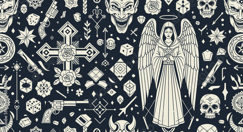 Gothic Seamless Tattoo Style Pattern with Angel, Demon, Skulls, and Mystical Occult Symbols