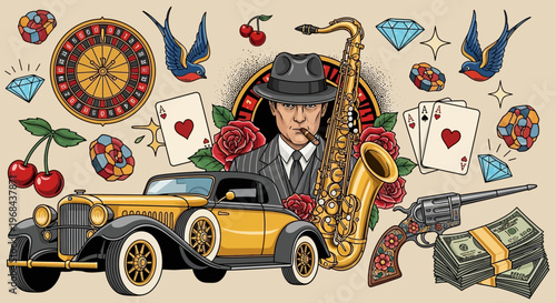 1920s Prohibition Era Gangster Illustration with Vintage Car, Jazz Saxophone, Gambling Icons, and Noir Elements