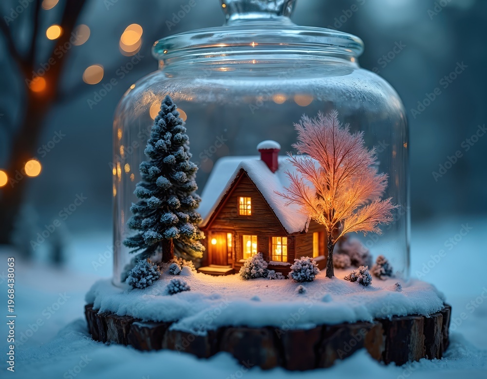 Obraz premium Miniature winter village inside glass jar at dusk. Cozy cabin glows with warm light. Snow-covered trees and house create festive scene. Peaceful holiday mood.