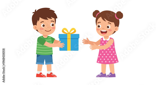 A boy gives a gift to a smiling girl in a cartoon illustration