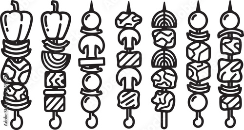 A row of seven whimsical character figurines with crowns or hat-like tops standing side by side Vector