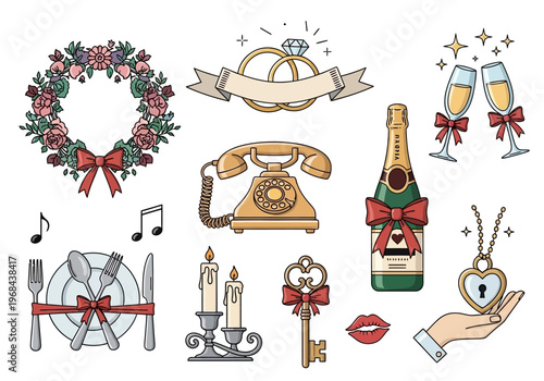 Retro Wedding Graphic Collection: Intertwined Rings, Champagne Bottle, Floral Wreath, Vintage Telephone, and Romantic Dinner Elements for Invitations