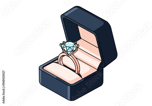 Luxury Diamond Engagement Ring in a Navy Blue Jewelry Box, Isometric Vector Illustration Isolated on White Background for Wedding and Marriage Proposal Concepts