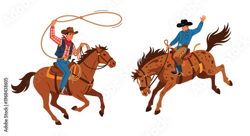 Two cowboys on horseback one roping and the other raising a hand