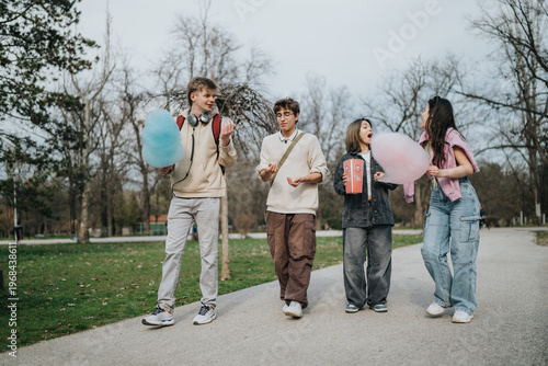 Quadro su tela Four friends walk along a park path sharing cotton candy and popcorn