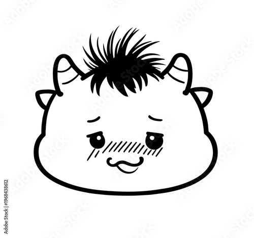 Shy Cute Monster Face Blushing with Sweat Drops, Embarrassed Smile Expression Cartoon Illustration