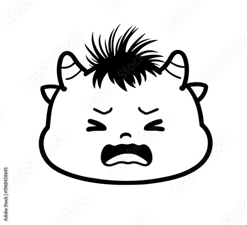 Crying baby ogre face illustration, sad expression, Japanese demon "Oni" for Setsubun, monochrome line art vector