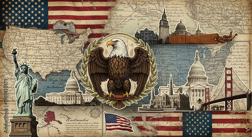 Retro Vintage Americana Collage Art - America 250th Anniversary, Historical Patriotism Design, Faded Flag, Eagle, Maps.