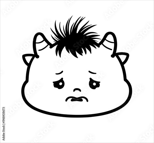 Sad and pouting baby ogre face illustration, sorry expression, Japanese demon "Oni", monochrome line art vector