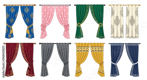 Collection of colorful and patterned curtains displayed in a row