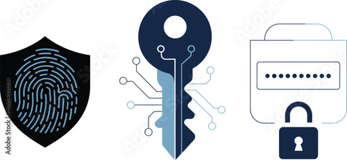 Cybersecurity icons vector set, three black and white stylized symbols representing digital protection, privacy, and network security for apps and UI design.