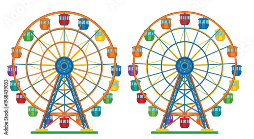 Colorful ferris wheels with bright cabins and supporting structures