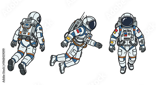 Three astronauts float in space depicted in a colorful cartoon style
