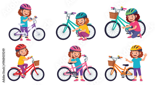 Cartoon illustration of happy children riding and with bicycles