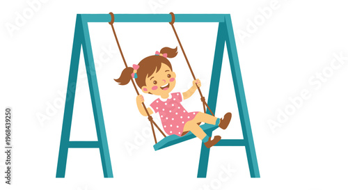 A young girl happily swinging on a blue and wooden swing set