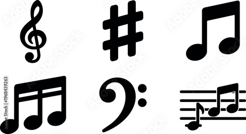 Black music note symbols and clefs vector art set with staff lines