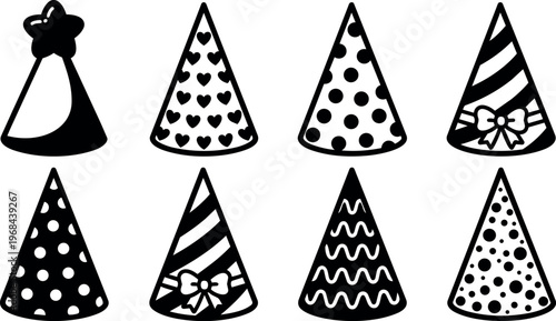 Black and white party hats with hearts bow and polka dot patterns vector art