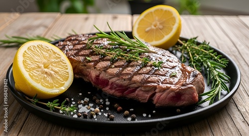 Grilled steak, rosemary, lemons on plate, seasoned with salt and pepper, culinary dish