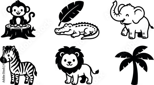 Cartoon monkey crocodile elephant zebra lion and palm tree