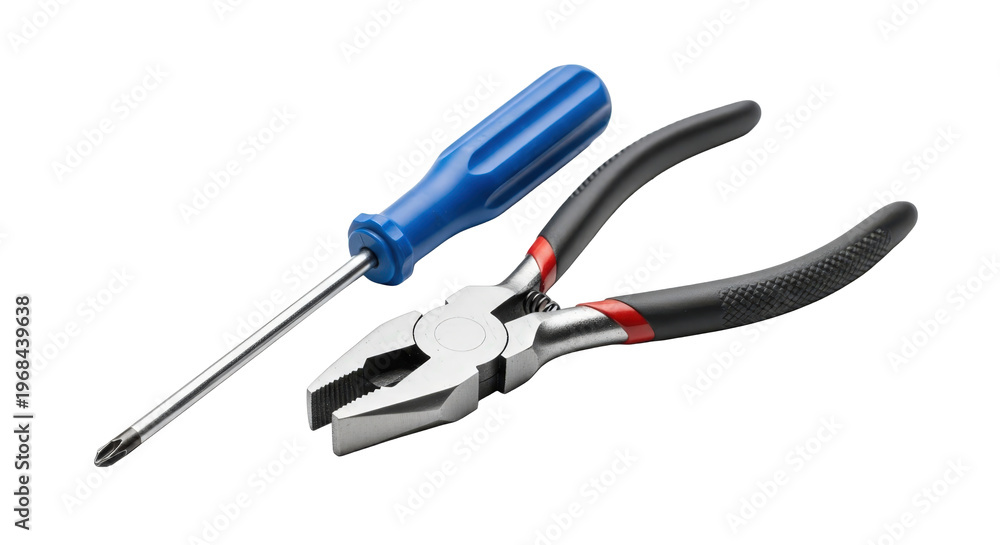 Fototapeta premium Screwdriver and pliers positioned diagonally on white background with professional lighting