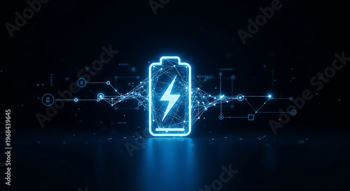 Glowing blue battery icon at the heart of a futuristic digital network, embodying swift power delivery and advanced energy technology for a connected world