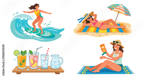Summer scene depicting surfing relaxing and enjoying refreshments