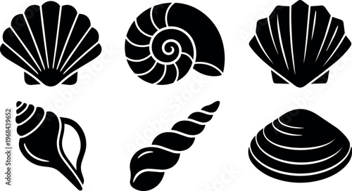 Black sea shell icons collection with spiral scallop and clam shapes