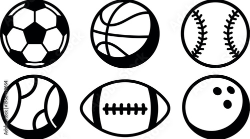Black and white line art sports balls icons soccer basketball baseball tennis football bowling