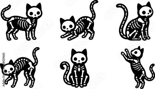 Black and white skeleton cats in various poses vector art