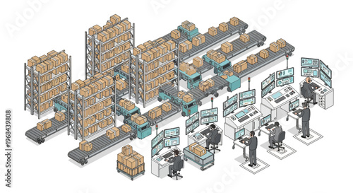 Automated distribution warehouse with conveyor belts, workers overseeing operations on computers, and stacked merchandise on shelves