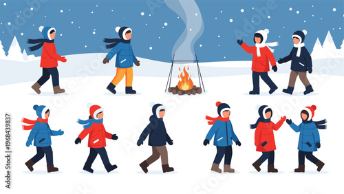 Groups of people dressed in winter clothing walking around a burning campfire during a snowy night in the mountains.