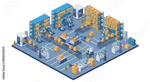 Automated smart factory illustration robotic arms, conveyor belts, and autonomous mobile robots optimizing industrial logistics and modern production workflows