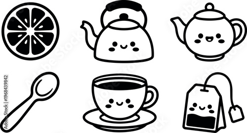 Cute smiling teapot cup lemon slice and tea bag line art vector