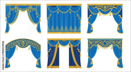 Collection of ornate blue and gold stage curtains and decorative arches