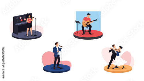 Professional entertainers including singers, a guitar player, and a dancing couple performing on separate stages.