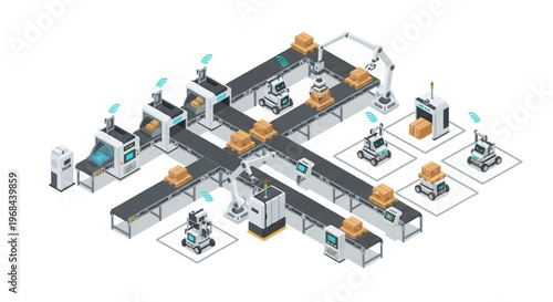 Conceptual isometric smart factory automation. Robotic arms, conveyor belts, and AGVs streamline modern industrial production and logistics efficiency