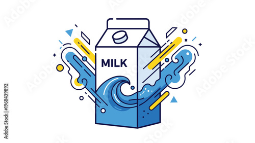 White milk carton icon surrounded by dynamic blue water splashes and geometric shapes in a modern graphic style.