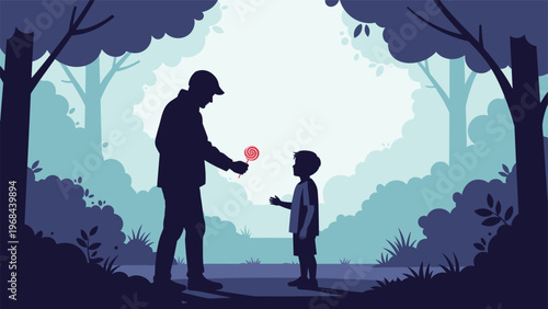 Dark silhouette of a man offering a red lollipop to a small child in a misty forest setting with soft lighting.