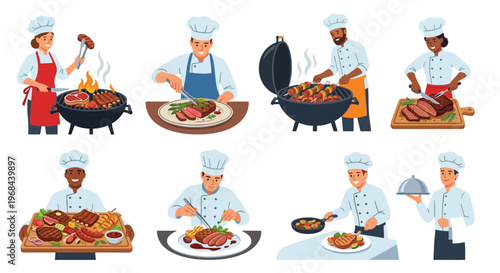 Diverse chefs preparing and presenting grilled meat dishes in a cartoon style