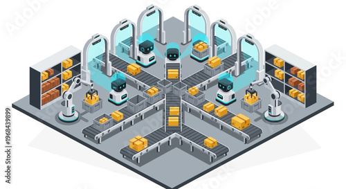 Automated warehouse with robots on conveyor belts processing packages and shelves
