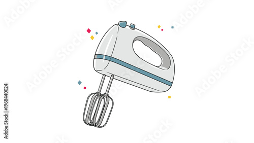 White electric hand mixer appliance used for baking and cooking illustrated with colorful confetti in the air.