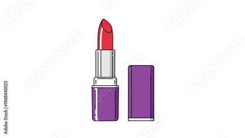 Vibrant red lipstick tube opened and ready for application with a purple cap standing beside it on white.