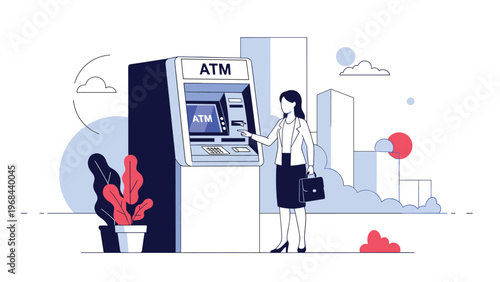 Professional woman using a modern ATM machine to withdraw cash or check her bank balance in a stylized city setting.