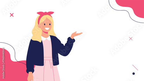 Happy young girl with blonde hair and a red headband wearing a blue cardigan and pink dress pointing to the right.