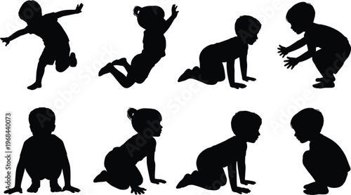 Baby silhouettes set, crawling sitting playing toddler poses child development vector illustration isolated design